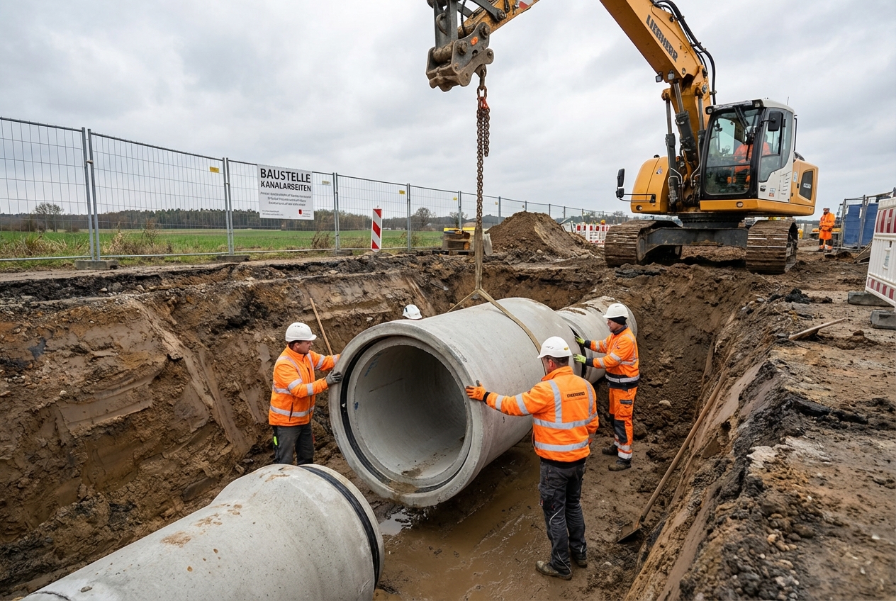Kanalbaustelle mit Rohrverlegung